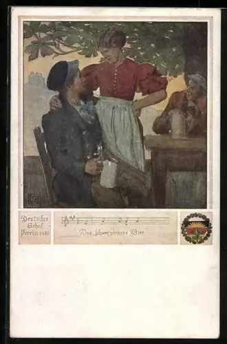 Künstler-AK Karl Friedrich Gsur, Deutscher Schulverein Nr. 463: Das schwarzbraune Bier, Student und die Wirtin