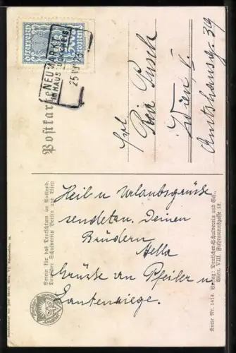 Künstler-AK Ernst Kutzer: Nun leb wohl du kleine Gasse, Mann im Schnee blickt auf ein Tor, Deutscher Schulverein