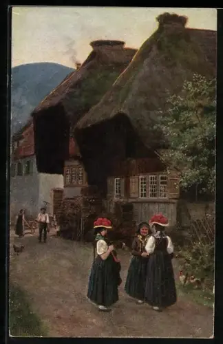 Künstler-AK H. Hoffmann: Schwarzwald, Dorfstrasse, Frauen in Trachten