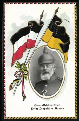 AK Porträt Prinz Leopold von Bayern in Uniform mit Pickelhaube, Fahnen des Zweibundes