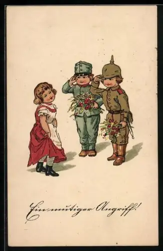 AK Ein mutiger Angriff!, Kleiner Deutscher und Österreicher und Mädel