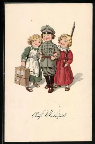 Künstler-AK Auf Urlaub, Junge in Uniform in Begleitung zweier Mädchen, Kinder Kriegspropaganda