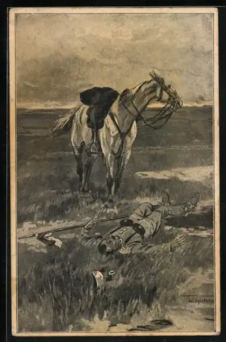 Künstler-AK Der gefallene Reiter und sein Pferd