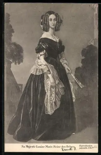 Künstler-AK Majestee Louise Marie, Reine des Belges im eleganten Kleid