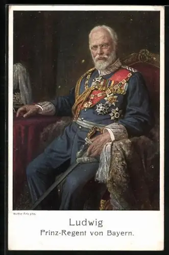 AK König Ludwig III. von Bayern posiert in Uniform mit Degen und Orden auf einem Stuhl