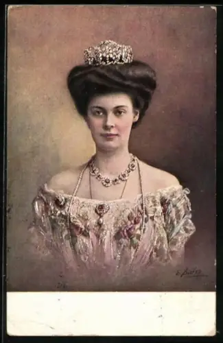 Künstler-AK Kronprinzessin Cecilie im Portrait mit Krone und reich verziertem Kleid