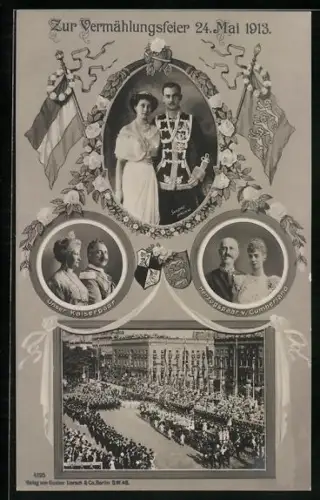 AK Hochzeitspaar, Kaiserpaar, Herzogspaar von Cumberland, Vermählung 24. Mai 1913, Festzug Unter den Linden