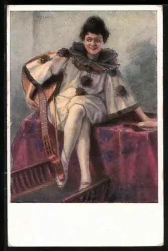 Künstler-AK O. Argyros: Pierrette mit Laute auf der Decke