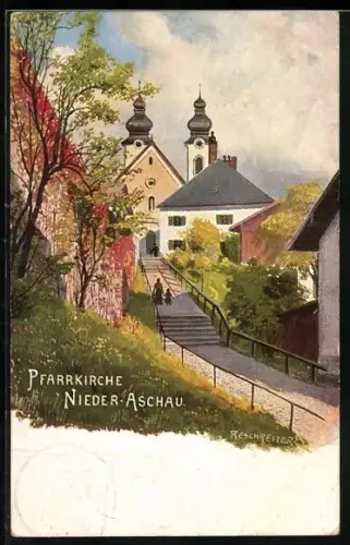 Künstler-AK Aschau / Chiemgau, Nieder-Aschau, Weg zur Pfarrkirche