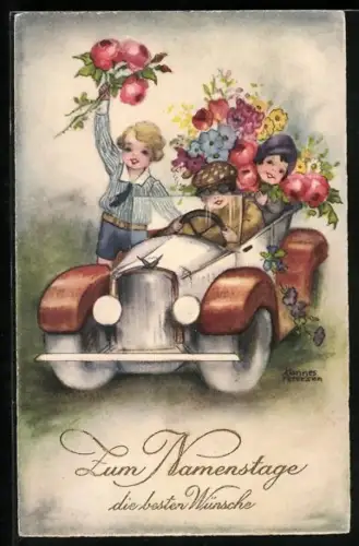 Künstler-AK Hannes Petersen: Kinder bringen Blumen in einem Auto, Namenstag