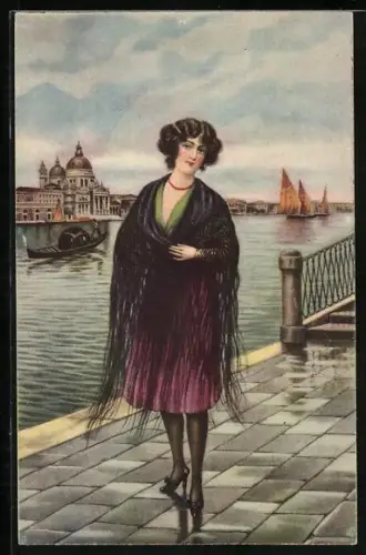 AK Venedig / Venezia, Frau mit Kleid steht am Wasser