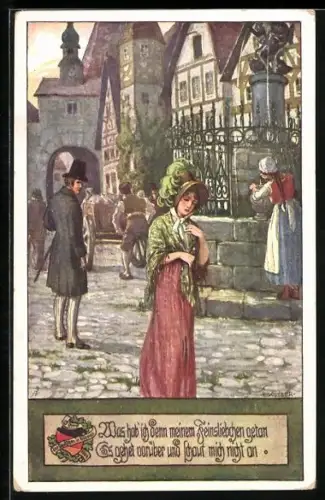 Künstler-AK Ernst Kutzer: Liebchen läuft an ihrem Geliebten vorbei, Brunnen