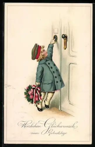 Künstler-AK Kleines Kind in blauem Mantel klingelt an einer Tür