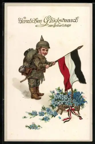 Künstler-AK Kleiner Soldat mit Reichsflagge und Vergissmeinnicht