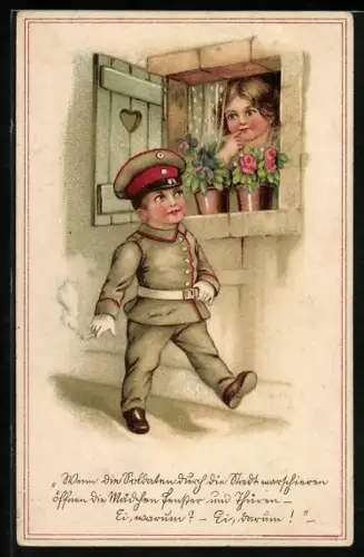 AK Kleiner Junge in Uniform mit Zigarette vorm Fenster eines Mädchens