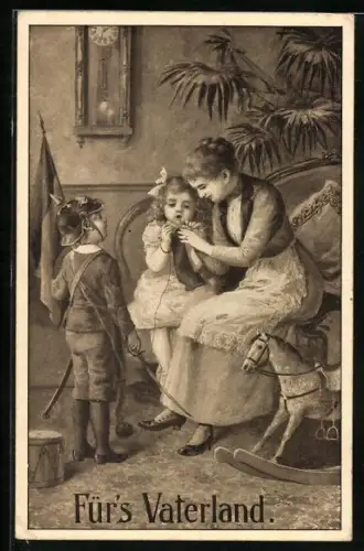 AK Völkerkrieg 1914, Für's Vaterland, Junge mit Pickelhaube, Mutter näht Strümpfe für Soldaten