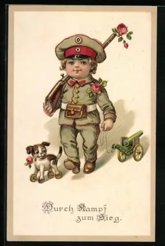 Künstler-AK Kleiner Soldat mit Waffe und Kanonenspielzeug, Durch Kampf zum Sieg