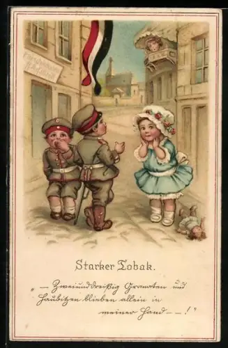 Künstler-AK Starker Tobak, Kleiner Soldat gibt vor einem Mädchen mit seinen Heldetaten an