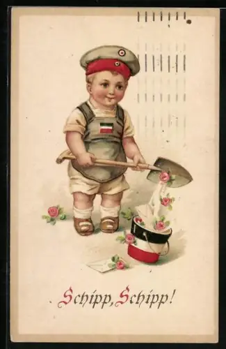 AK kleiner Junge in Uniform schippt Blumen in den Eimer