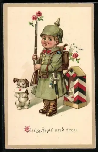 Künstler-AK Kleiner Soldat mit Hund und Briefen, Einig, fest und treu
