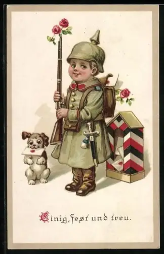 Künstler-AK Kleiner Soldat mit Waffe, Rosen und Hund, Einig, fest und treu