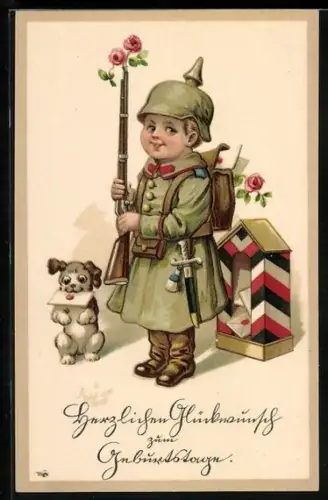 Künstler-AK Kleiner Soldat steht mit seinem Hund Wache