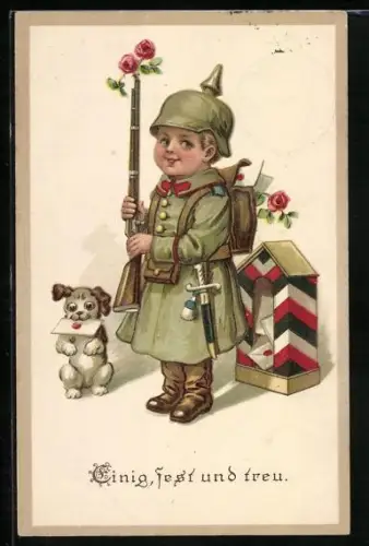 Künstler-AK Kleiner Soldat mit Pickelhaube, Hund und Briefen