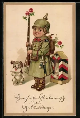 Künstler-AK Kleiner Soldat in Uniform mit Hund und Briefen