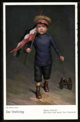 Künstler-AK sign. N. Davis: Knabe mit Spielzeug-Geschütz, Kinder Kriegspropaganda