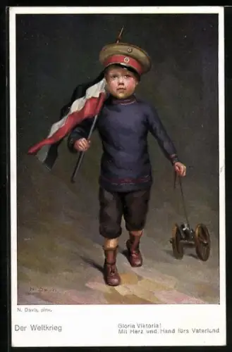 Künstler-AK sign. N. Davis: Knabe mit Spielzeug-Geschütz, Kinder Kriegspropaganda