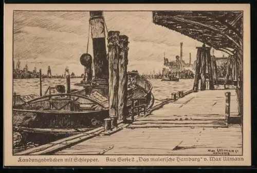 Künstler-AK Hamburg-St.Pauli, Landungsbrücken mit Schlepper