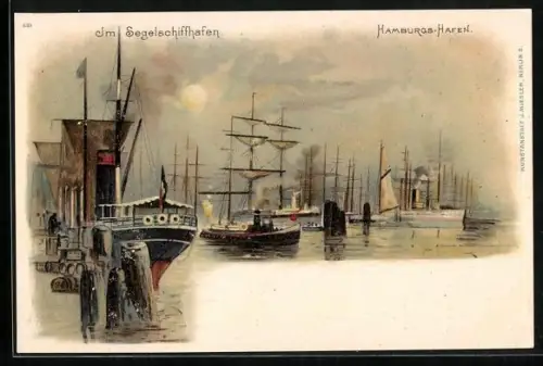 Lithographie Hamburg, Blick in den Segelschiffhafen