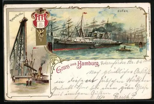 Lithographie Hamburg, Hafen mit Dampfer Fürst Bismarck, Riesenkran, Wappen