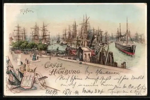 Lithographie Hamburg, Hafenansicht mit leuchtendem Mond, Dampfer, Anker, Wappen