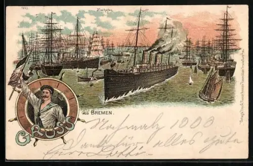 Lithographie Hamburg, Gruss mit Hafenansicht