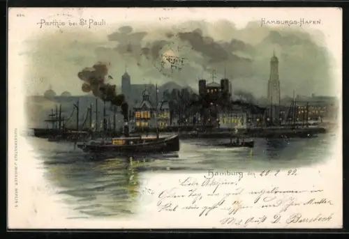 Künstler-Lithographie sign. A. Heide: Hamburg-St.Pauli, Partie bei St. Pauli, Hafen