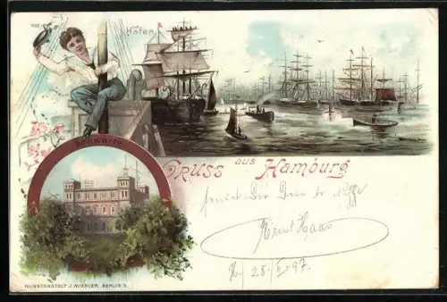 Lithographie Hamburg-St.Pauli, Hafen, Seewarte, Am Fahnenmast, Segelschiffe