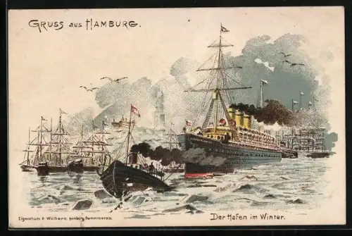 Lithographie Hamburg, Dampfer Normannia wird aus dem winterlichen Hafen geschleppt