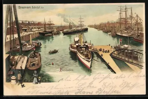 Lithographie Bremen, Blick in den Freihafen