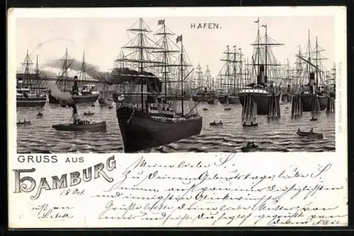 Lithographie Hamburg, Hochbetrieb im Hafen