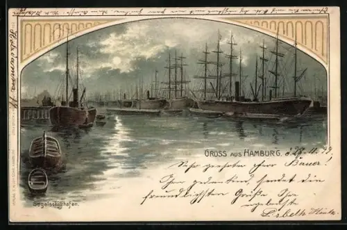 Lithographie Hamburg, Sicht auf den Segelschiffhafen