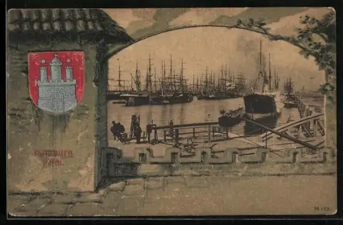 AK Hamburg, Ansicht des Hafens mit Dampfern und Segelschiffen, Wappen Hamburg