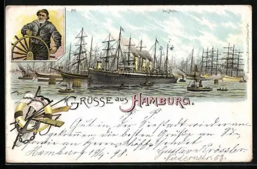 Lithographie Hamburg, Hafen, Kapitän mit Steuer