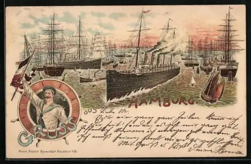 Lithographie Hamburg, Hafenbild mit Dampfer und Segelschiffen, Matrose mit Flagge im Rettungsring