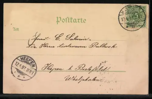 Lithographie Hamburg, Hafenbild mit Dampfer und Segelschiffen, Matrose mit Flagge im Rettungsring