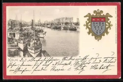 AK Köln, Binnenhafen mit Raddampfern, Wappen von Köln