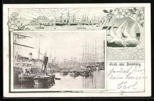 AK Hamburg, Hafen vom Wasser aus gesehen, Boote