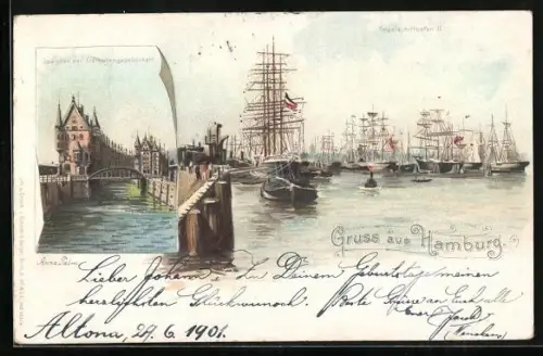 Lithographie Hamburg, Hafen, Segelschiffe, Speicher der Freihafengesellschaft