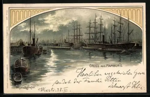 Lithographie Hamburg, Sicht auf den Segelschiffhafen