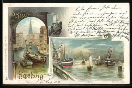 Lithographie Alt-Hamburg, Blick auf Hafen und Fleet